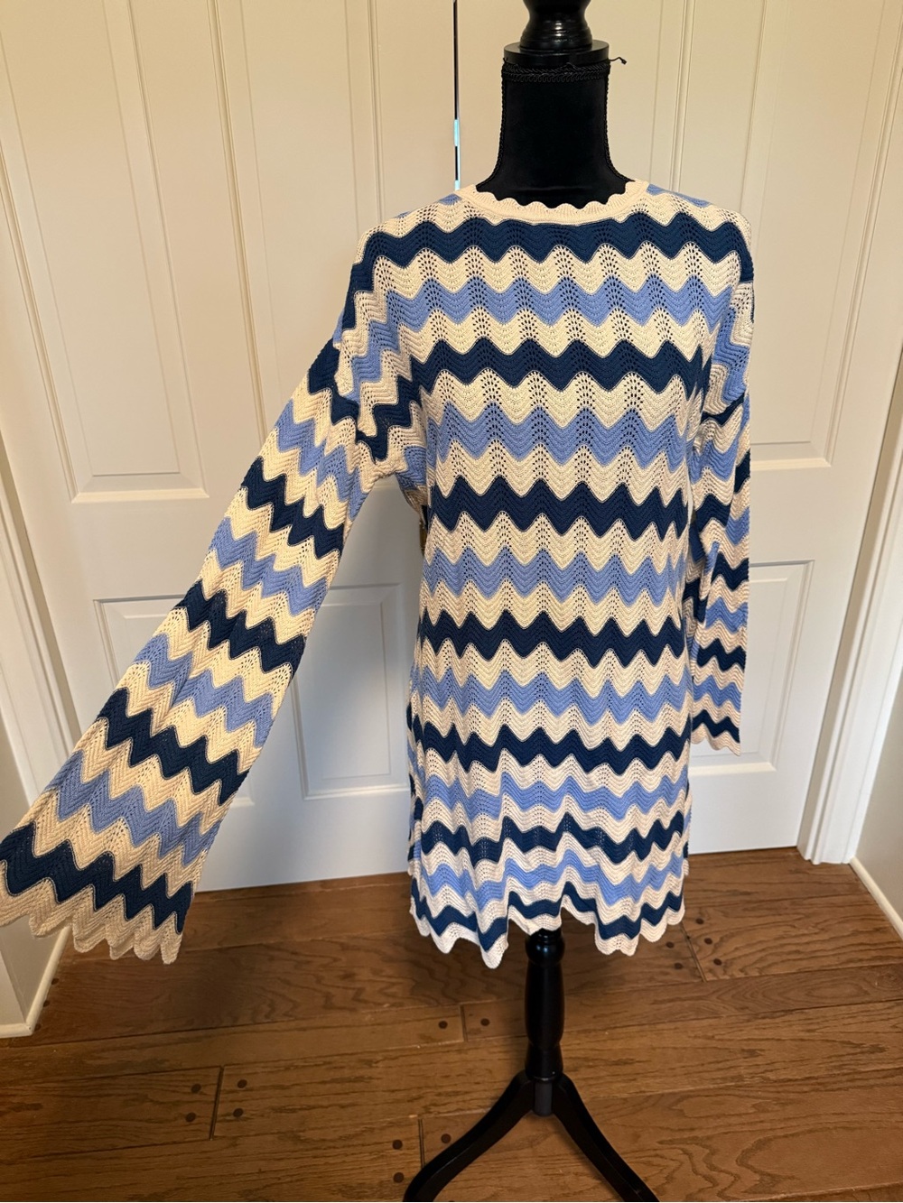C&C California Navy, Sky Blue & White Chevron Knit Crewneck